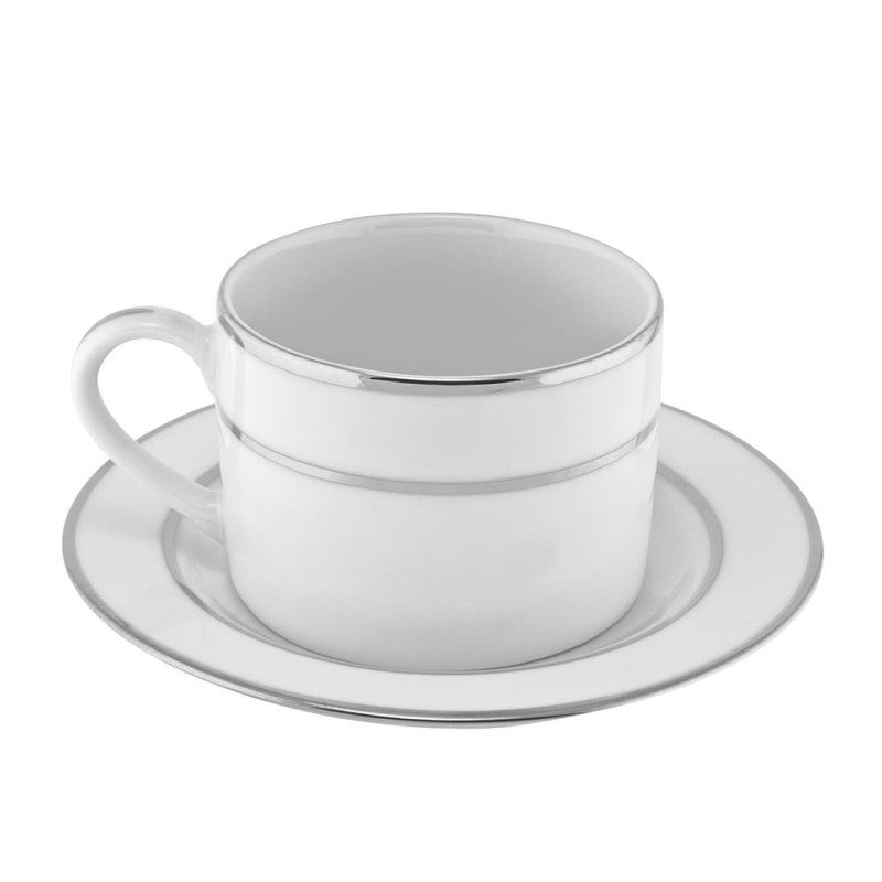 White Silver Band Coffee Cup + Saucer